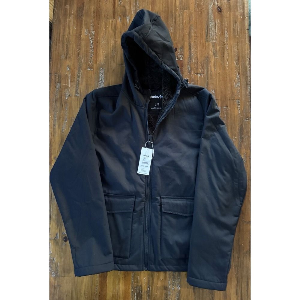 Hurley Evans Sherpa Lined Hooded Jacket Black Size Large NWT Warm‎ Full Zip